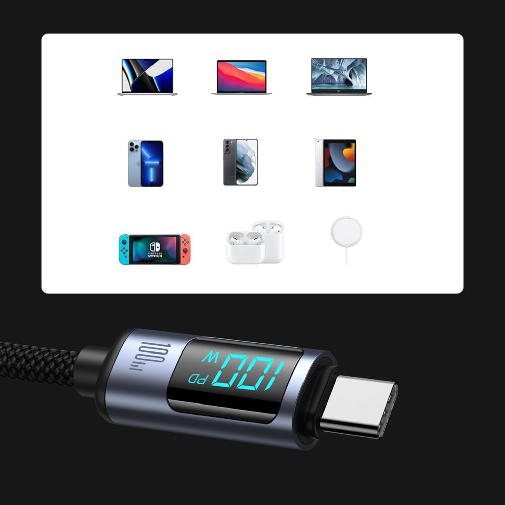 Joyroom 100W Fast Charging Cable with LED Display - S-CC100A16 - Prism Series Type-C to Type-C, 1.2m Nylon Braided, 480Mbps, E-Marker Chip - Image 5