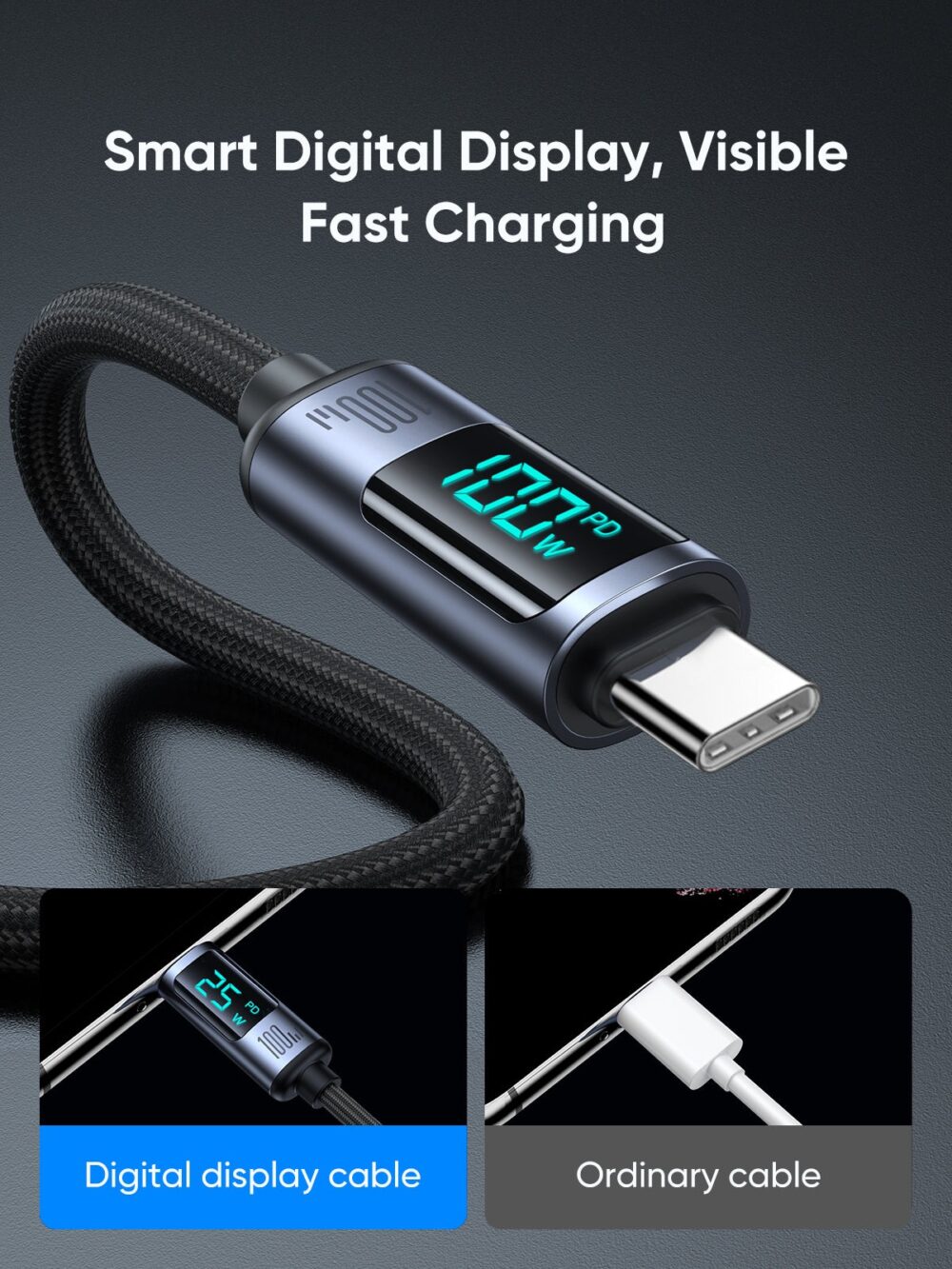 Joyroom 100W Fast Charging Cable with LED Display - S-CC100A16 - Prism Series Type-C to Type-C, 1.2m Nylon Braided, 480Mbps, E-Marker Chip - Image 6
