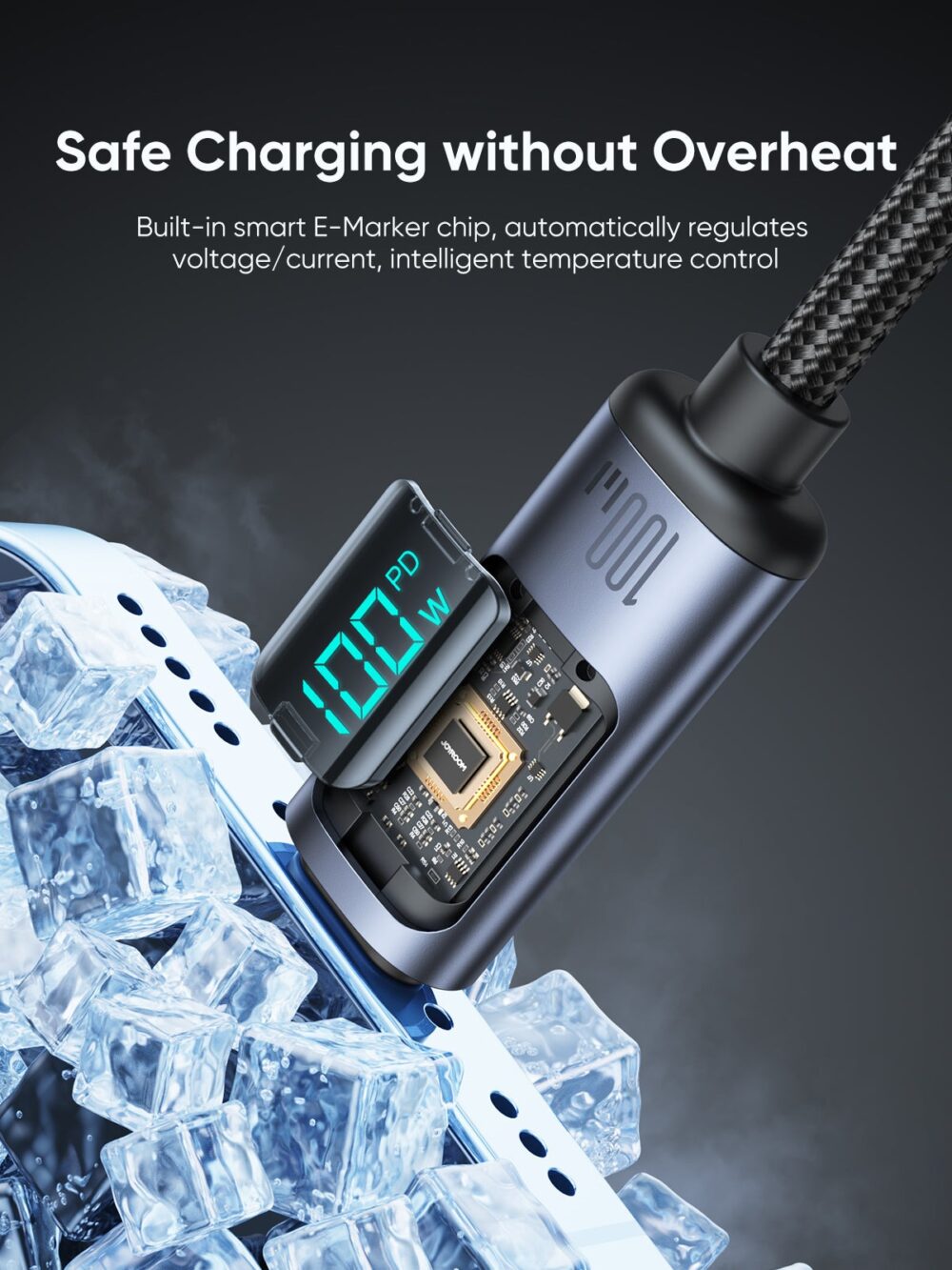 Joyroom 100W Fast Charging Cable with LED Display - S-CC100A16 - Prism Series Type-C to Type-C, 1.2m Nylon Braided, 480Mbps, E-Marker Chip - Image 7