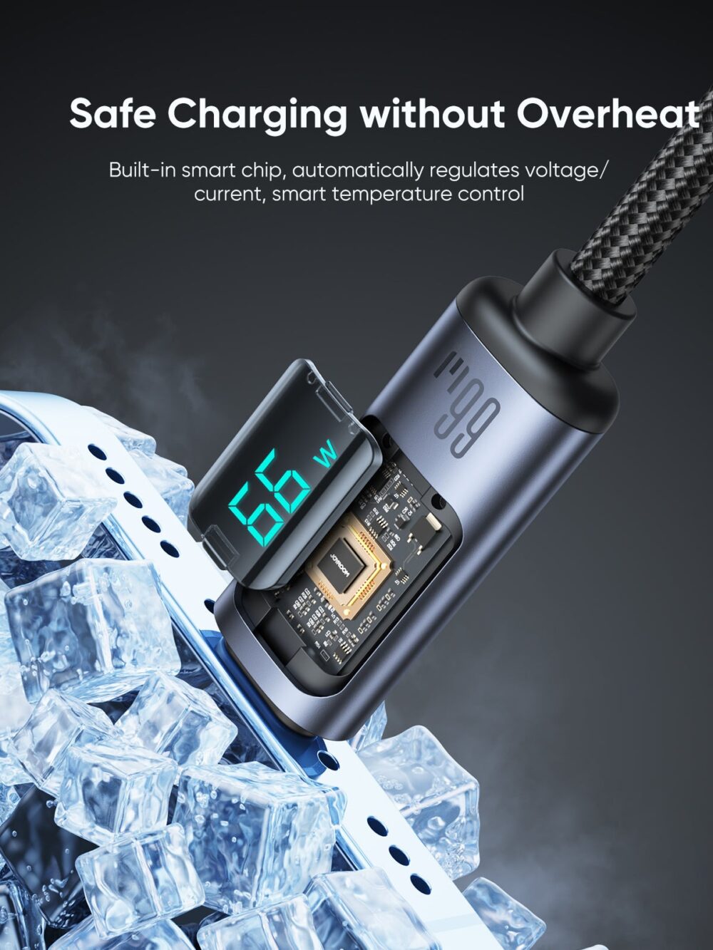 Joyroom 66W Fast Charging Cable with LED Display - S-AC066A16 - Prism Series USB-A to Type-C, 1.2m Nylon Braided, 480Mbps, E-Marker Chip - Image 6