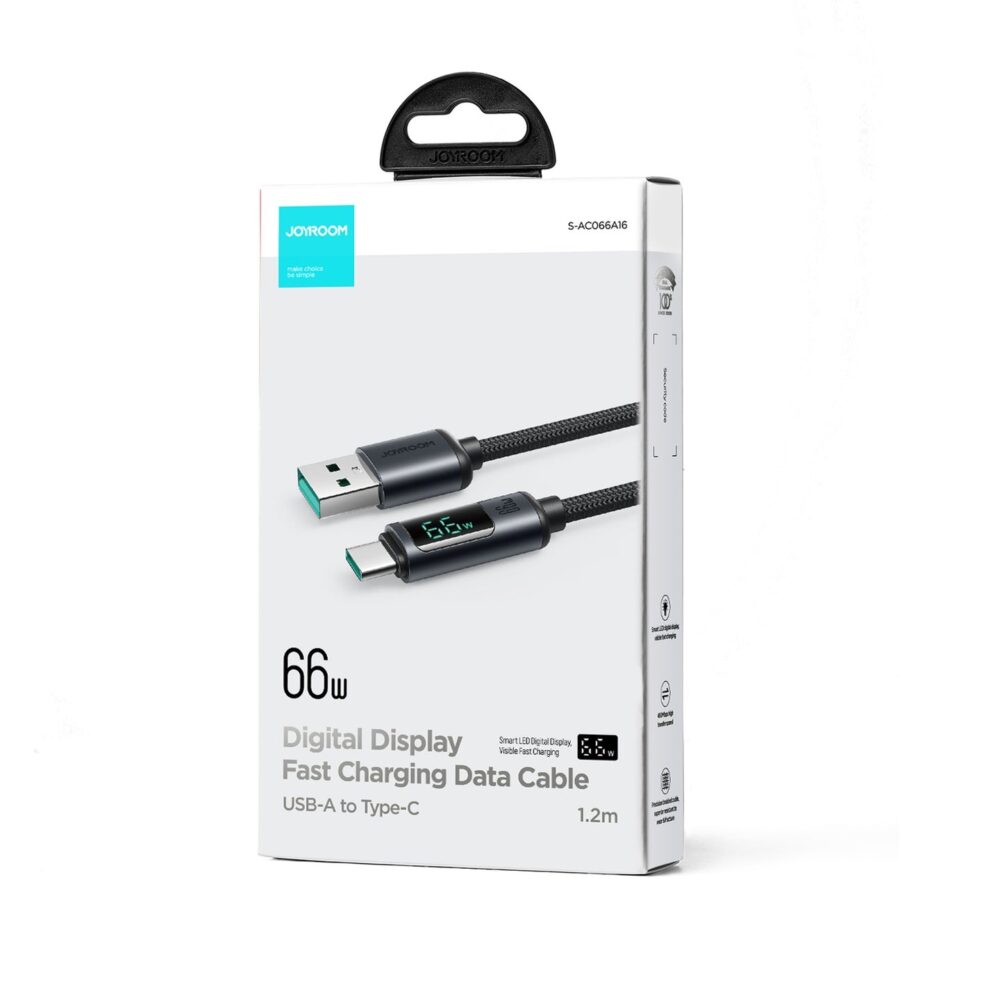 Joyroom 66W Fast Charging Cable with LED Display - S-AC066A16 - Prism Series USB-A to Type-C, 1.2m Nylon Braided, 480Mbps, E-Marker Chip - Image 3