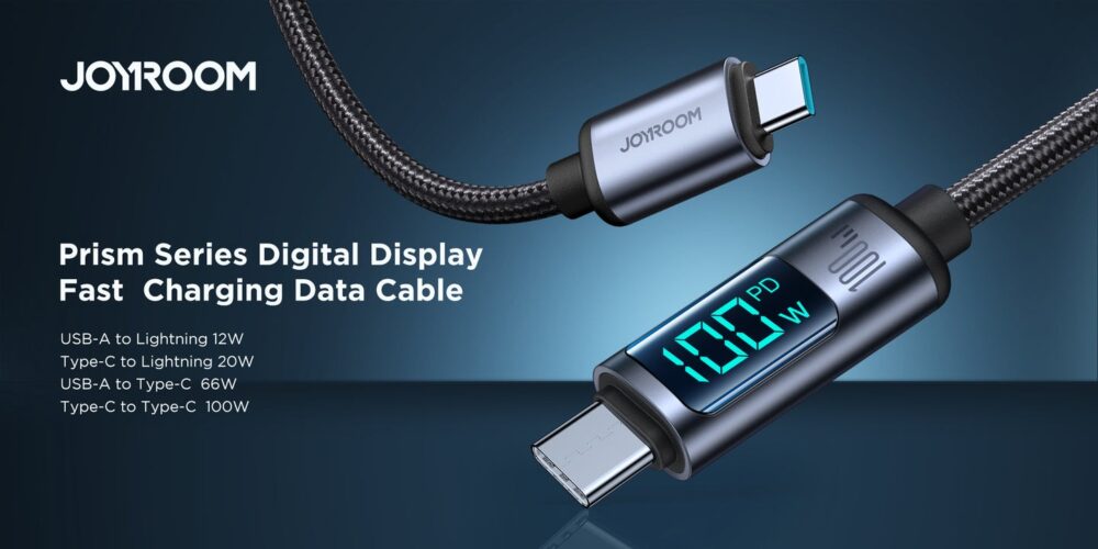 Joyroom 100W Fast Charging Cable with LED Display - S-CC100A16 - Prism Series Type-C to Type-C, 1.2m Nylon Braided, 480Mbps, E-Marker Chip - Image 3