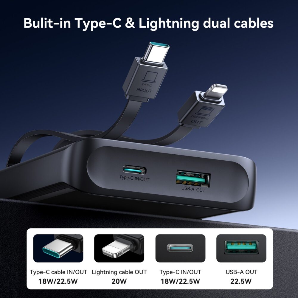Joyroom JR-PBF19 10000mAh Power Bank – 22.5W Fast Charging, Dual Built-in Cables, Digital Display - Image 5