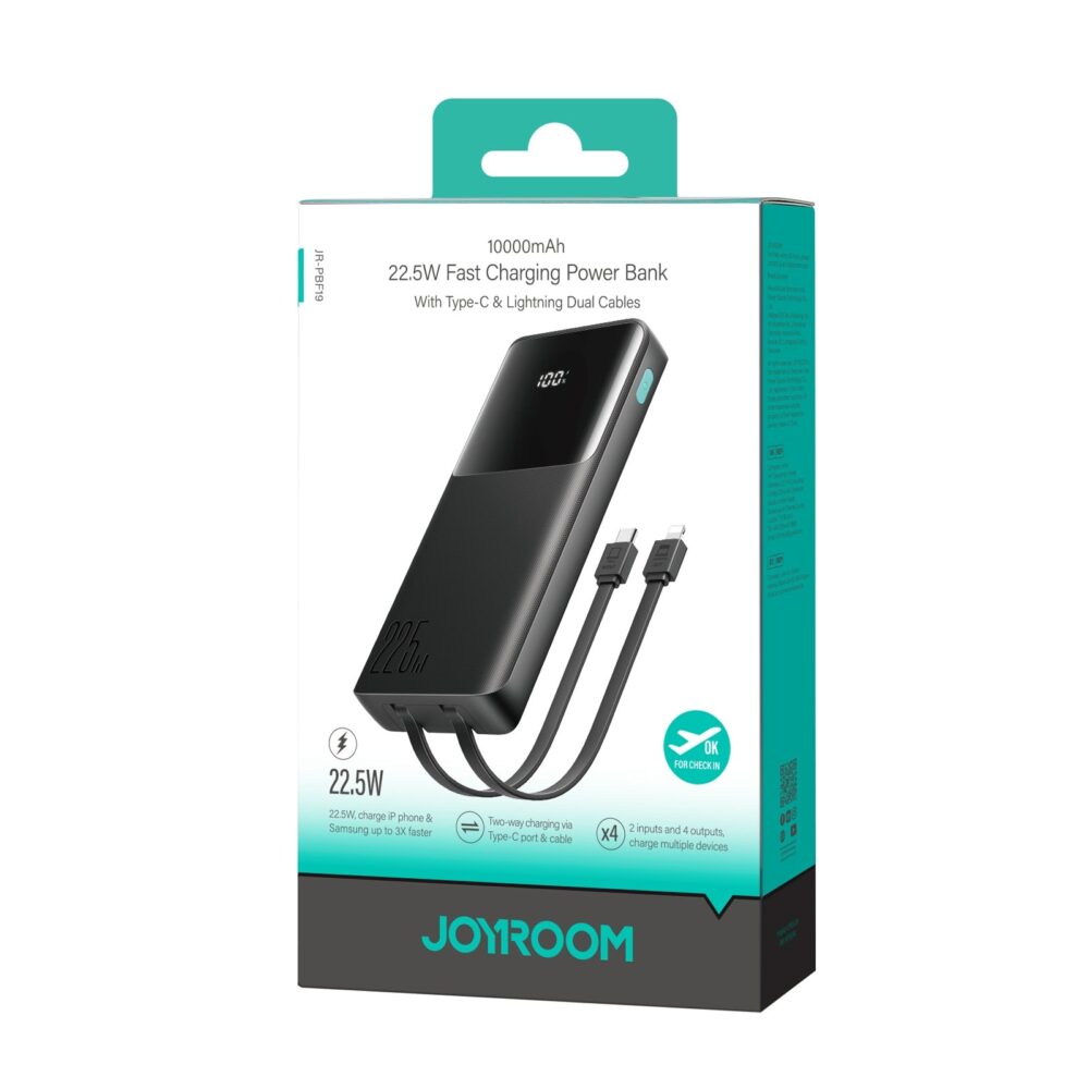 Joyroom JR-PBF19 10000mAh Power Bank – 22.5W Fast Charging, Dual Built-in Cables, Digital Display - Image 3